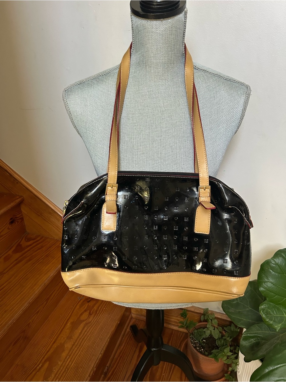Arcadia Black Patent Shoulder Bag with Tan Trim